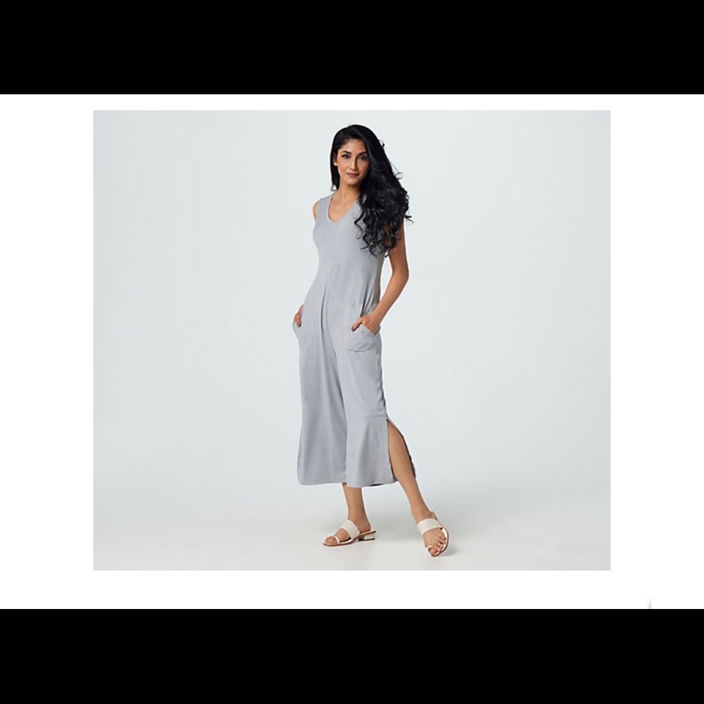 Cuddl Duds Petite Flexware V-Neck Wide-Leg Jumpsuit - PL - Teal Hibiscus - New - Picture 6 of 6